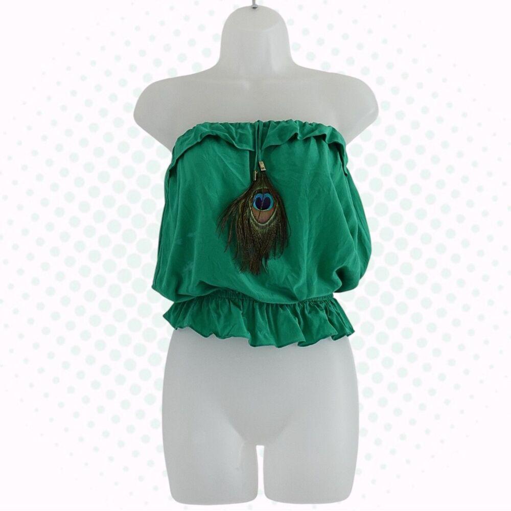Vintage Y2K Karina Grimaldi Green Peacock Feather Ruffle Trim Tube Top Size XS